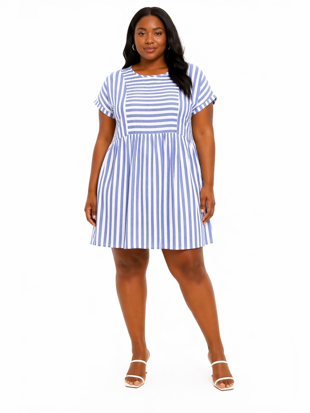 Plus Size Blue and White Striped Short Sleeve Babydoll Dress Size 4XL (20)